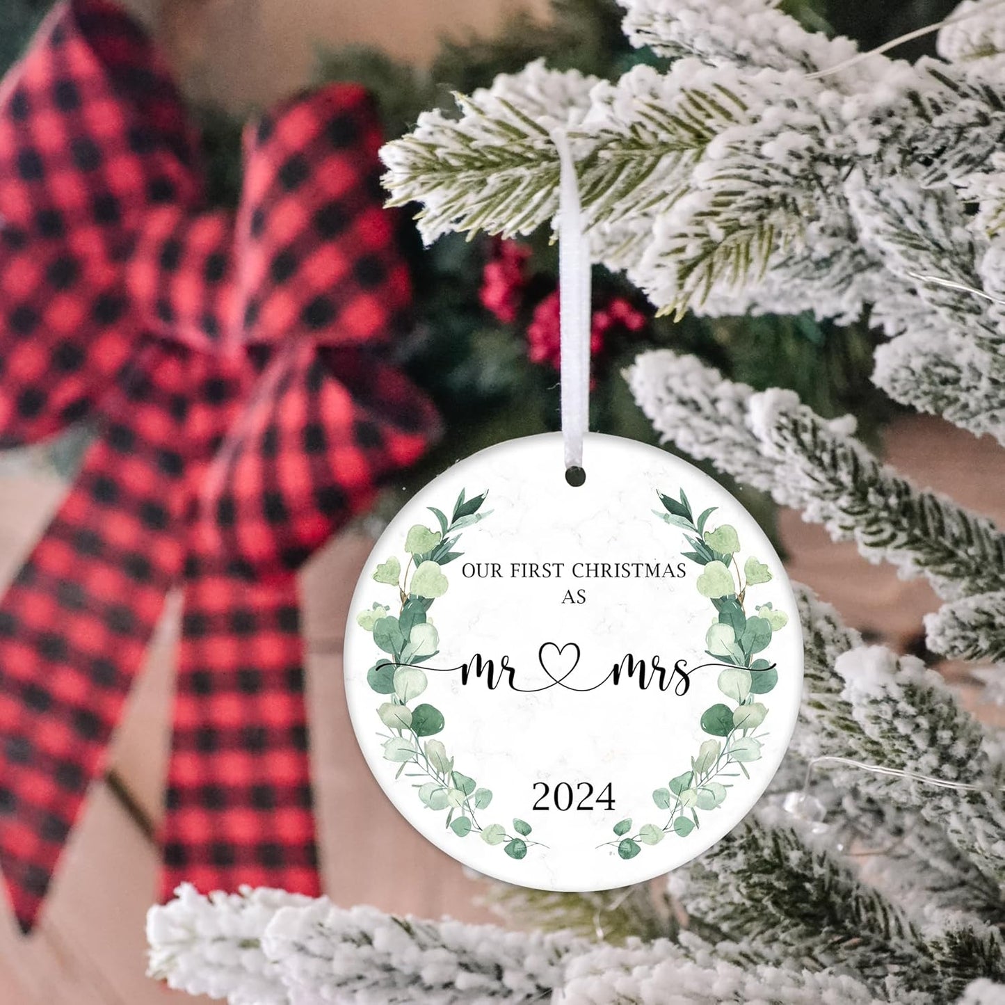 Our First Christmas Married Ornament 2024, Wedding Gifts for Mr and Mrs, 3" Ceramic Christmas Ornament, Wedding Gifts for Couple Xmas Tree Decoration (Greenery)