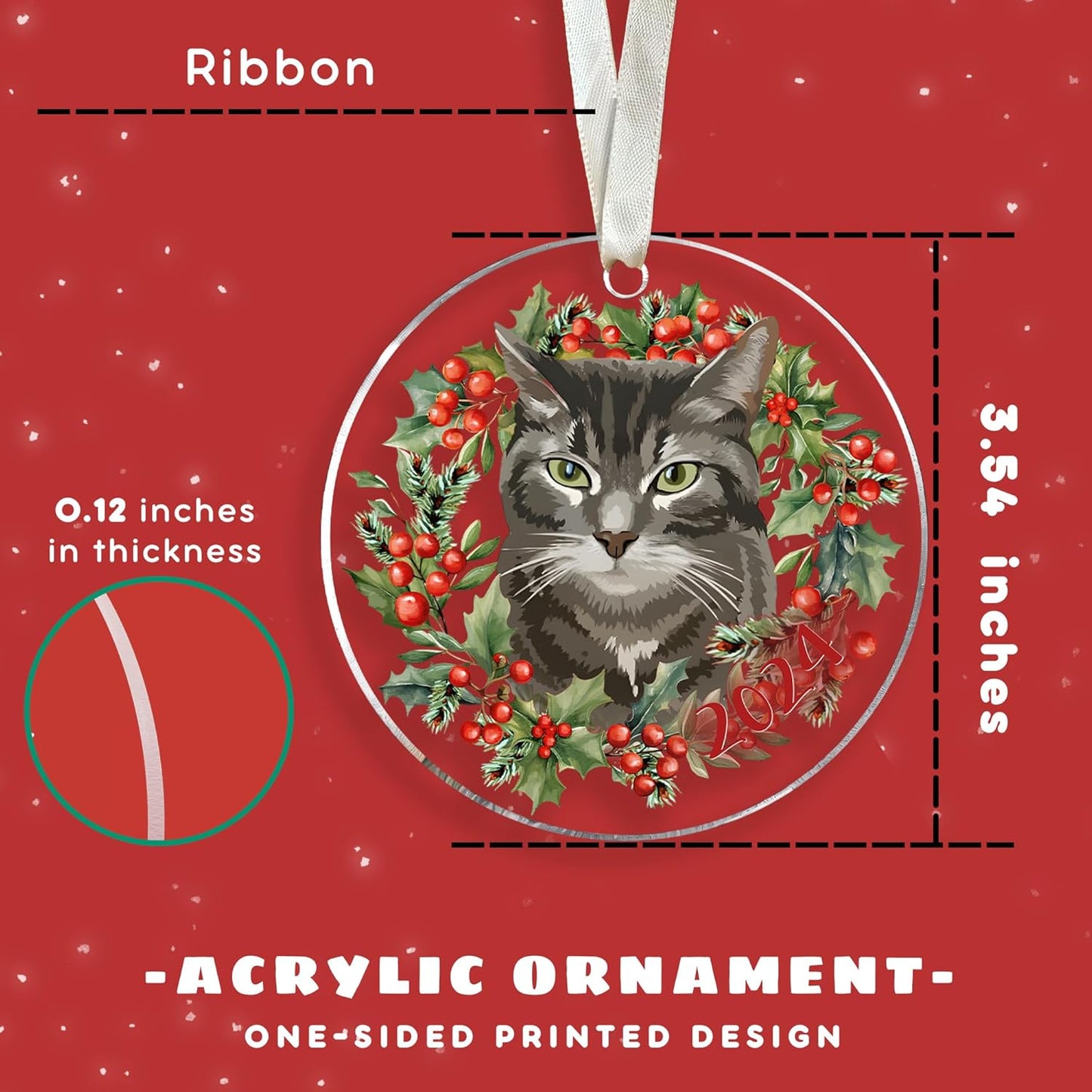 Acrylic Tabby Cat Kitten Xmas Tree Ornament - Cat Lover Gifts for Women, Men - Christmas Tree Ornaments 2024
