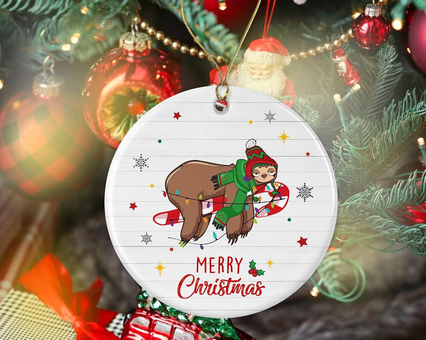 Merry Christmas Sloth Ornament, 2024 Christmas Ornament, Sloth Christmas Light Ornament, Kids Christmas Ornament, Animal Christmas Ornament Printed on Both Sides