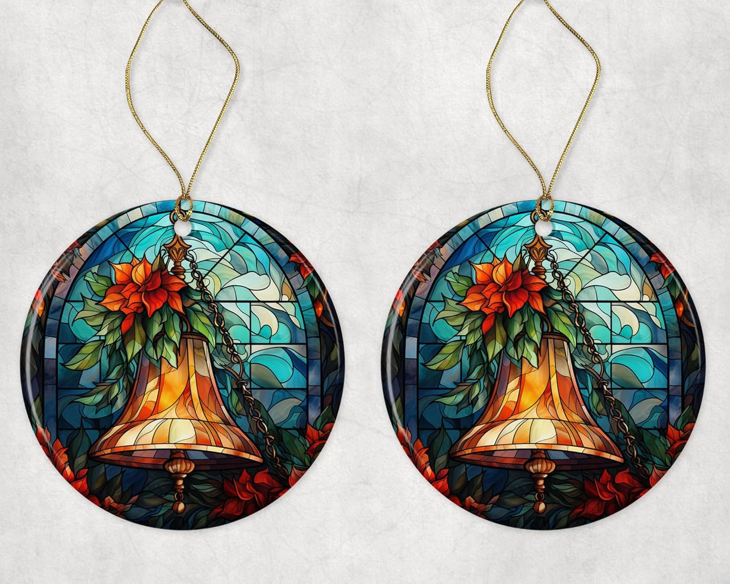 Stained Glass Christmas Bell Ornament Ceramic, Ornament Ceramic, Stained Glass Bell Ornament, Ornament Religious Gift for Christians Printed on One Side