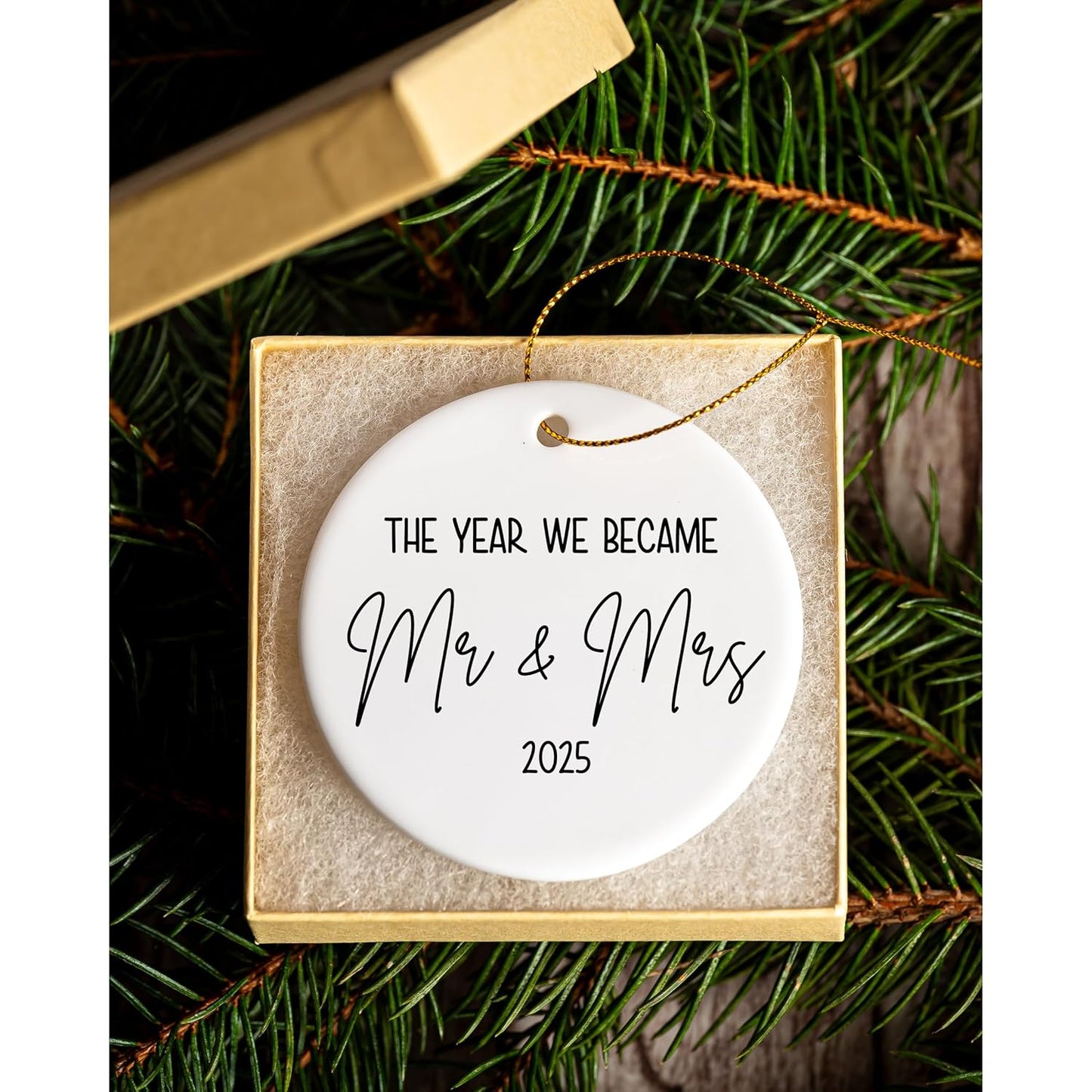 2025 First Year Married Christmas Ornament – The Year We Became Mr and Mrs – Wedding Gift Keepsake – 2.75” Ceramic Ornament with Gift Box – Made in USA