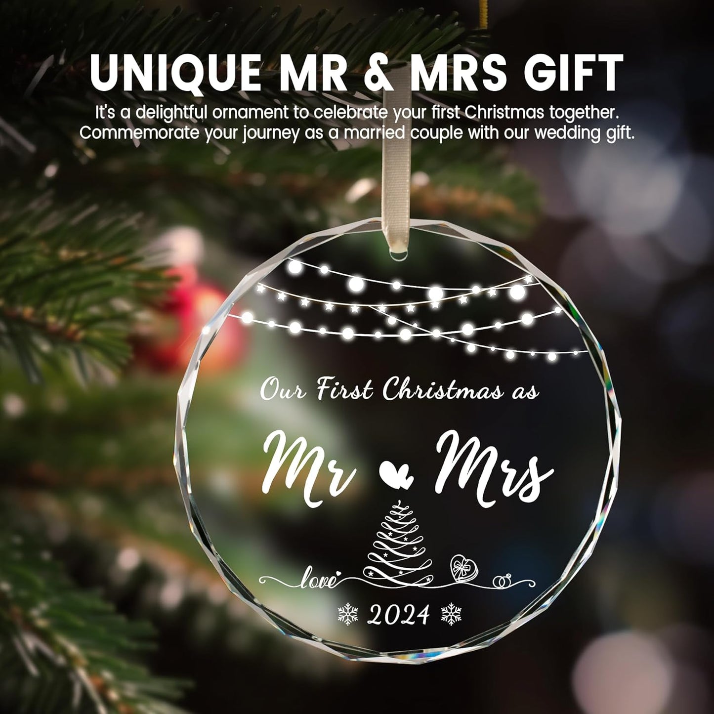 Wedding Gifts for Couples 2024, Crystal First Christmas Married Ornaments, Our First Christmas as Mr Mrs Ornament with Gift Box, Bridal Shower Gift for Bride, Newlywed