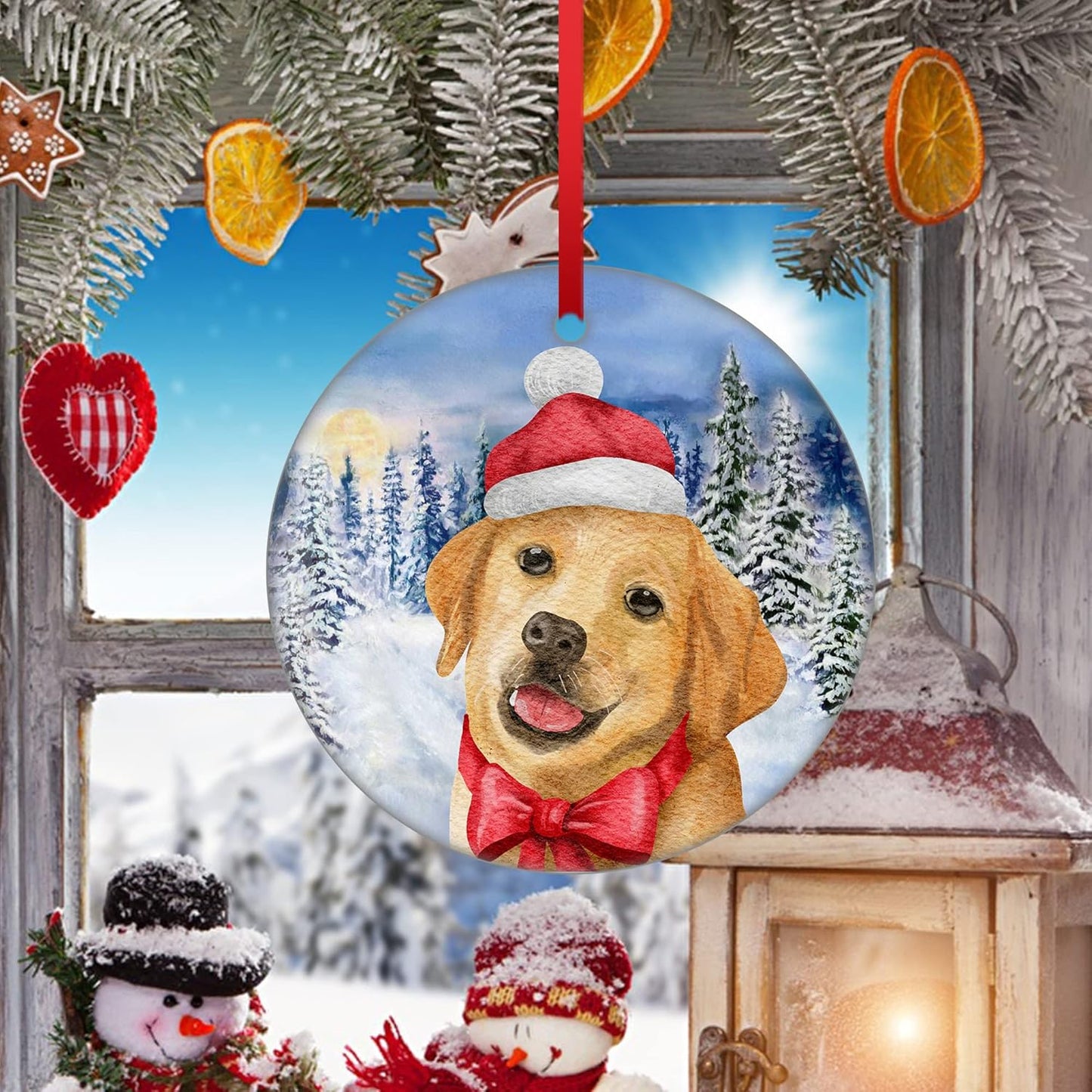 Labrador Retriever Christmas Ornament Dog Ornament for Christmas Tree Decoration Snowflake Winter Xmas Ornament Ceramic Hanging Ornament to Dog Mom Dad Lab Dog Christmas Ornament
