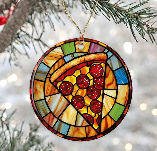 Pizza Stained Glass Ornament Ceramic, Ornament for Pizza Lovers, Funny Foodie Gift, Junk Food Christmas Ornament, Stained Glass Ornament, Merry Christmas Ornament Printed on One Side