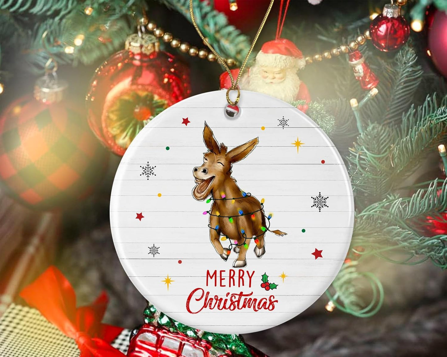 Merry Christmas Donkey Ornament, 2024 Christmas Ornament, Donkey Christmas Light Ornament, Kids Christmas Ornament, Animal Christmas Ornament Printed on Both Sides