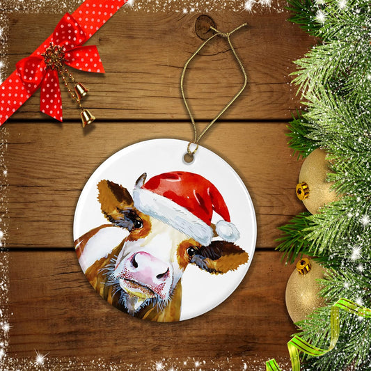 OystersPearl Cow Ornament - Ceramic Hanging Christmas Ornament - Christmas Tree Ornament - Cow Santa Ornament - Cow Christmas Ornament Printed on Both Sides