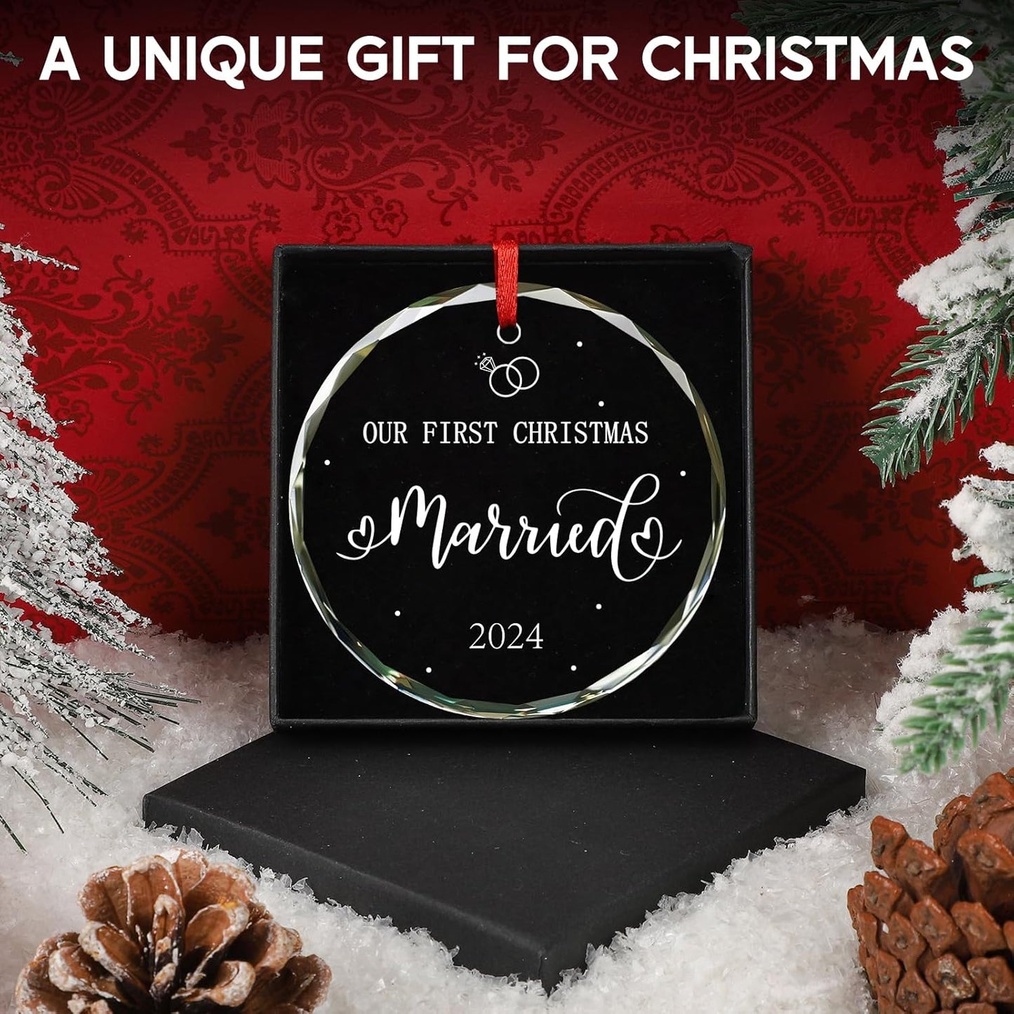 First Christmas Married Ornament 2024, Unique Christmas Ornament for Christmas Tree Decorations 2024, Bridal Shower Gifts for Bride, Crystal Wedding Gifts for Couples Xmas(Married)