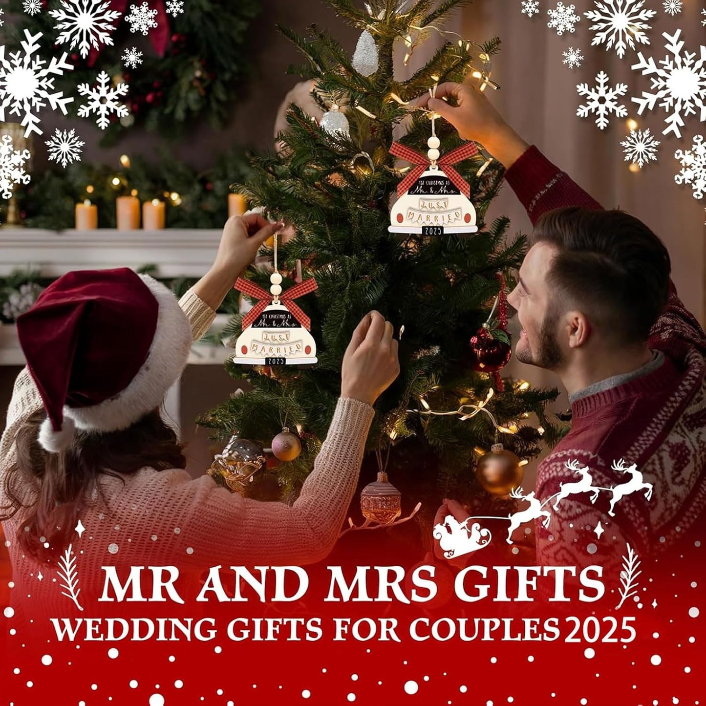 Mr & Mrs Wooden Christmas Ornament 2025 - First Christmas Married Ornament - Wedding Gifts for Couples & Bride - Traditional, White, Unscented