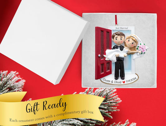 Personalized Our First Christmas Married Ornament 2025 | Customized Wedding Couple Threshold, Groom Carrying Bride for Xmas Tree | Just Married Newlyweds Marriage Keepsake | Custom Name Year