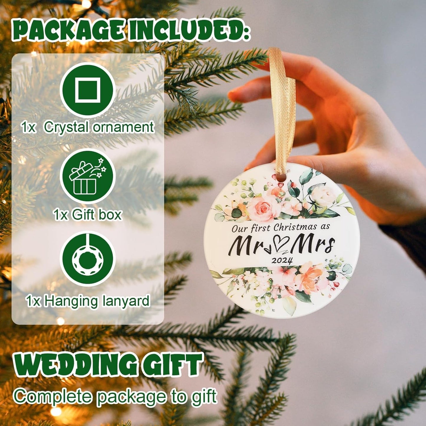 Hi.FANCY First Christmas Married Ornaments, Wedding Gifts for Couple 2024, Our First Christmas as Mr Mrs Ornament, Wedding Ornament Crystal Glass for Newlywed(with Gift Box)