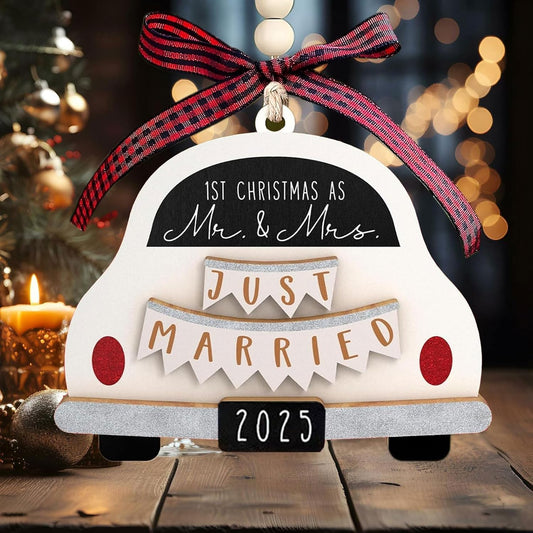 Mr & Mrs Wooden Christmas Ornament 2025 - First Christmas Married Ornament - Wedding Gifts for Couples & Bride - Traditional, White, Unscented