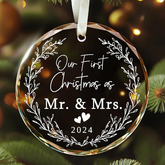 Our First Christmas Ornament Married 2024 - Wedding Gifts - Mr and Mrs Gifts for Couple, Bride - 1st Married Bridal Shower Gift Ideas - Glass Xmas Ornament