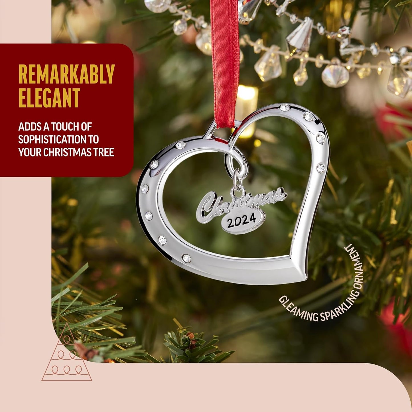 Klikel Christmas Ornament 2024 - Silver Heart 2024 Christmas Ornament - Christmas Ornament Heart with Crystals - Beautiful Christmas Ornament - Dated Ornament 2024-2024 Ornament for Christmas Tree
