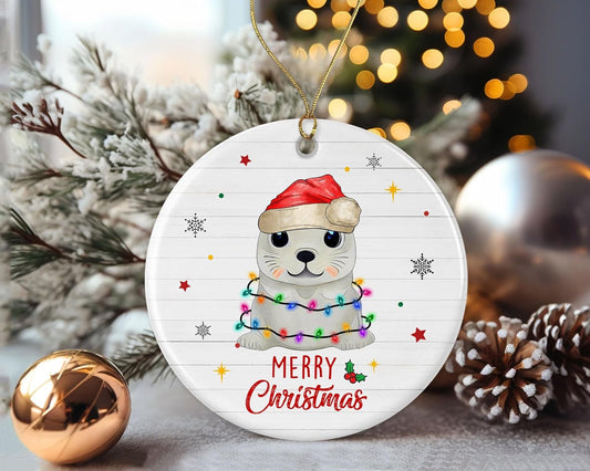 Merry Christmas Seal Ornament, 2024 Christmas Ornament, Seal Christmas Light Ornament, Kids Christmas Ornament, Animal Christmas Ornament Printed on One Side