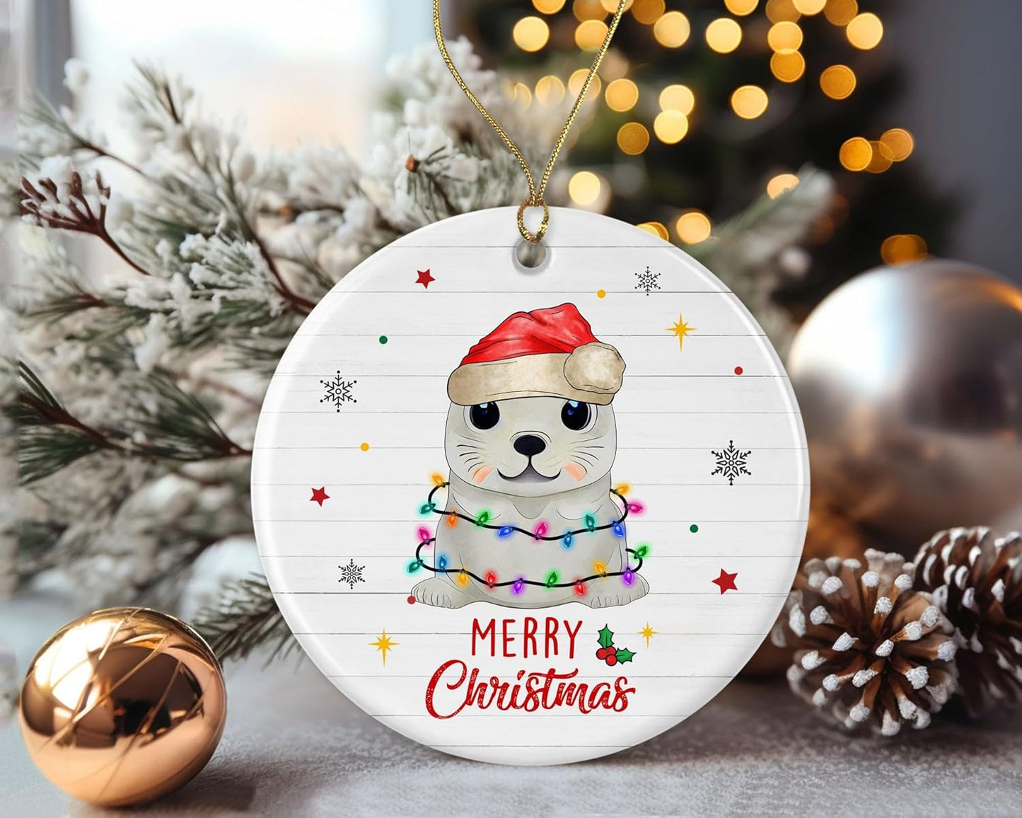 Merry Christmas Seal Ornament, 2024 Christmas Ornament, Seal Christmas Light Ornament, Kids Christmas Ornament, Animal Christmas Ornament Printed on One Side