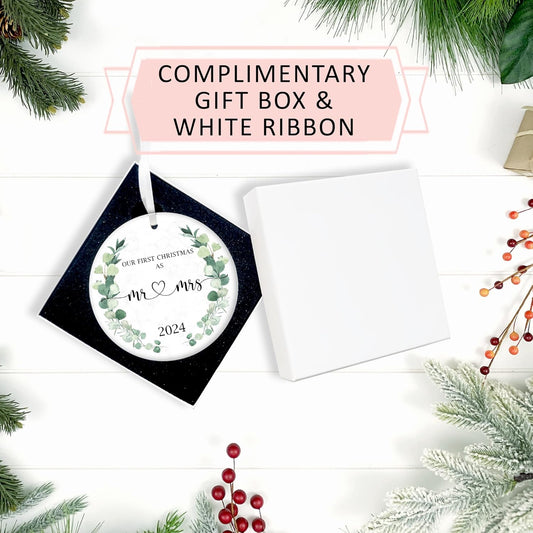 Our First Christmas Married Ornament 2024, Wedding Gifts for Mr and Mrs, 3" Ceramic Christmas Ornament, Wedding Gifts for Couple Xmas Tree Decoration (Greenery)