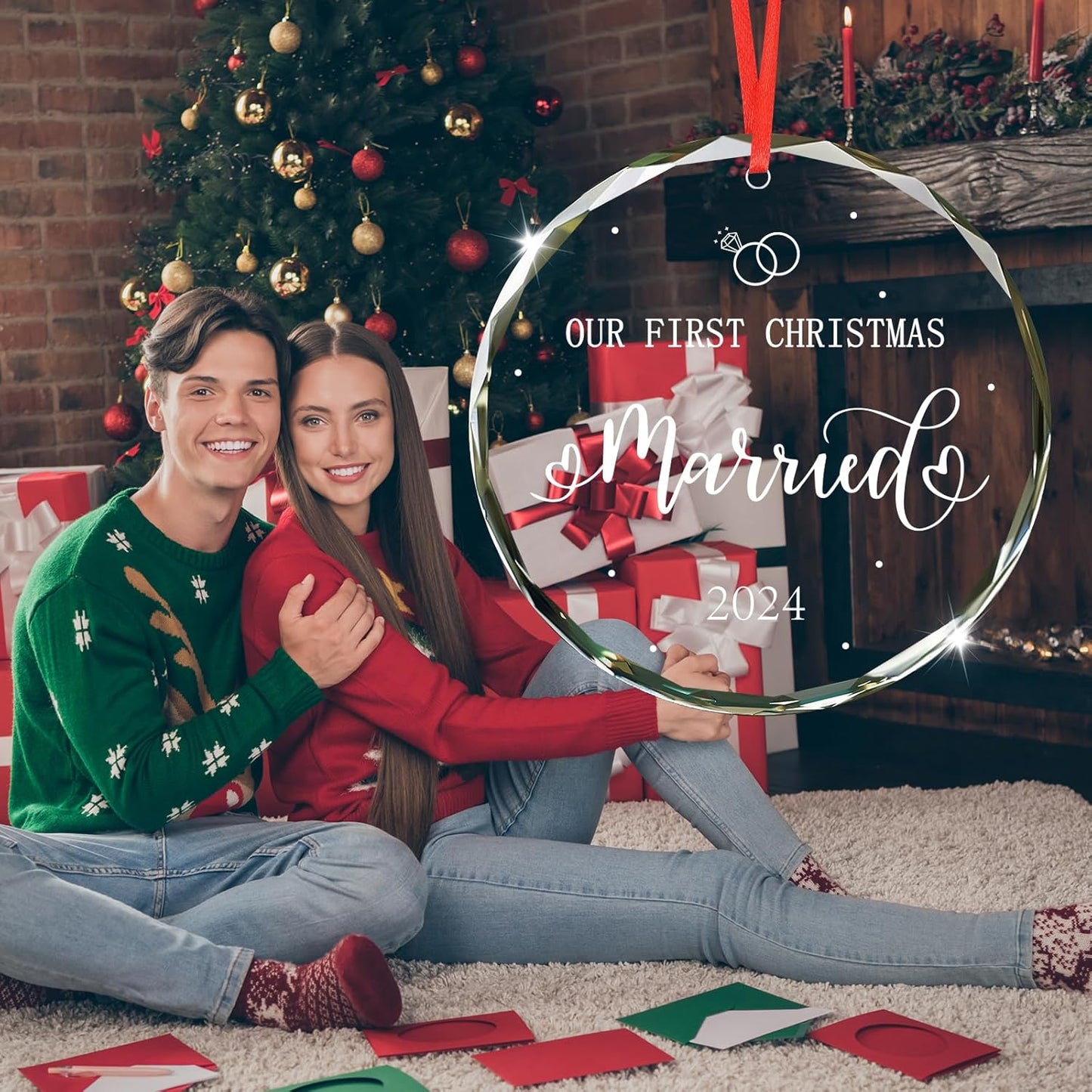 First Christmas Married Ornament 2024, Unique Christmas Ornament for Christmas Tree Decorations 2024, Bridal Shower Gifts for Bride, Crystal Wedding Gifts for Couples Xmas(Married)