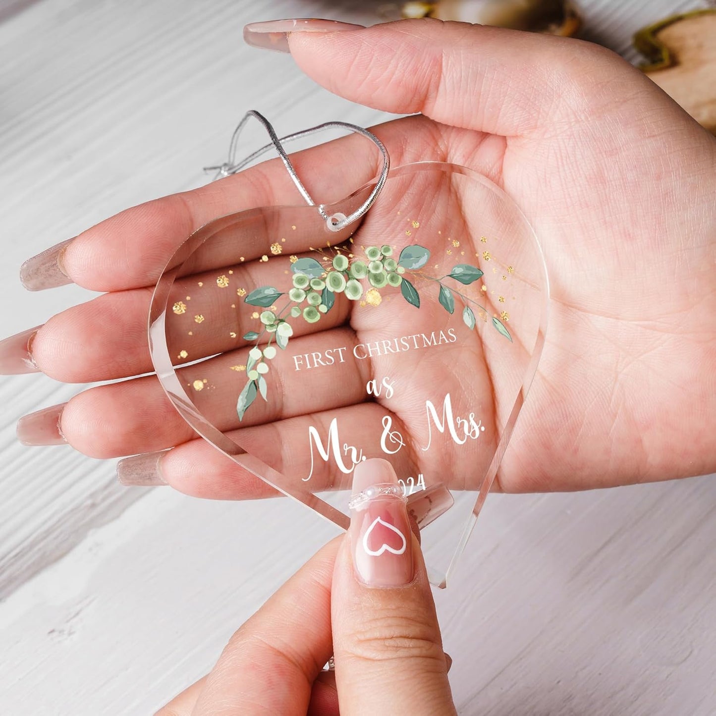 Wedding Gifts for Couple Christmas Ornaments Tree Hanging Decoration Newlywed Married Christmas 2023 Our First Christmas as Mr. and Mrs. Ornament (Glass Green Leaves)