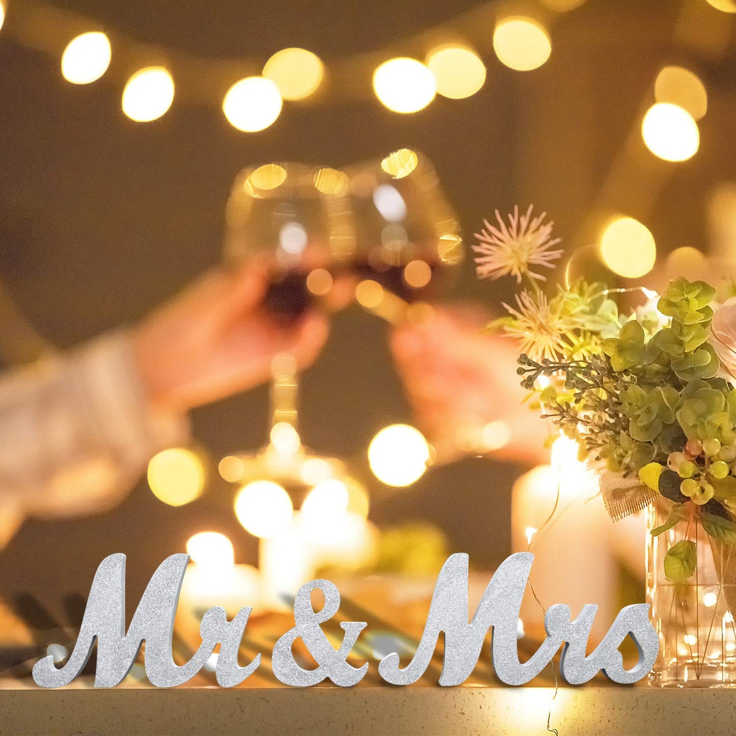 Wooden Mr and Mrs Sign, Rustic Mr. & Mrs. Letters Wedding Signs for Wedding Table, Miss Mr. Deroation for Photo Props/Party Table/Anniversary/Valentine's Day/Wedding & Engagement, Silver