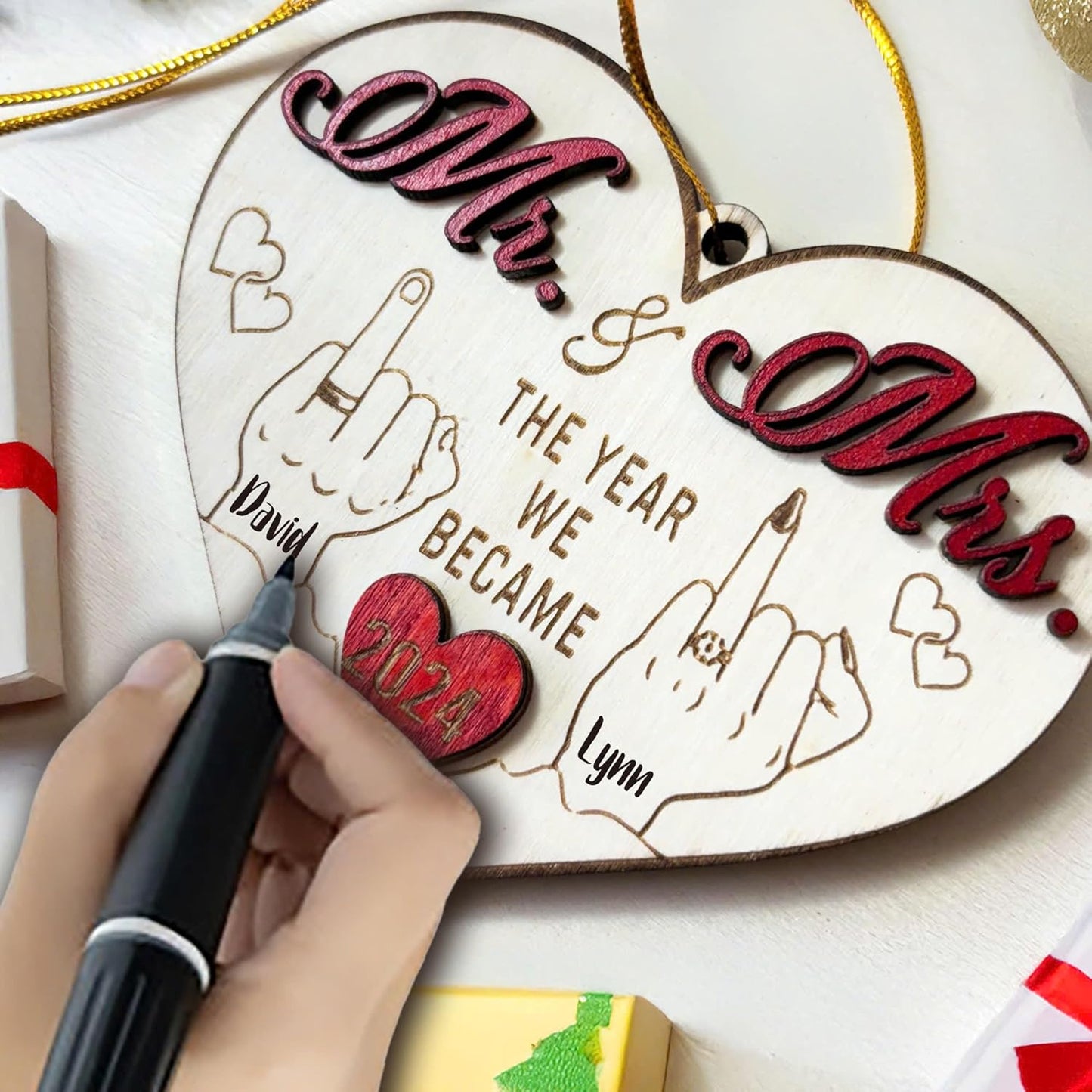 Mr and Mrs 2024 Gifts - Wedding Gifts for Couples 2024, Wedding Gifts for Couple, Wedding Gifts for Bride - First Christmas Married Ornament 2024 - Easily Add Personal Name with Marker (Not Included)