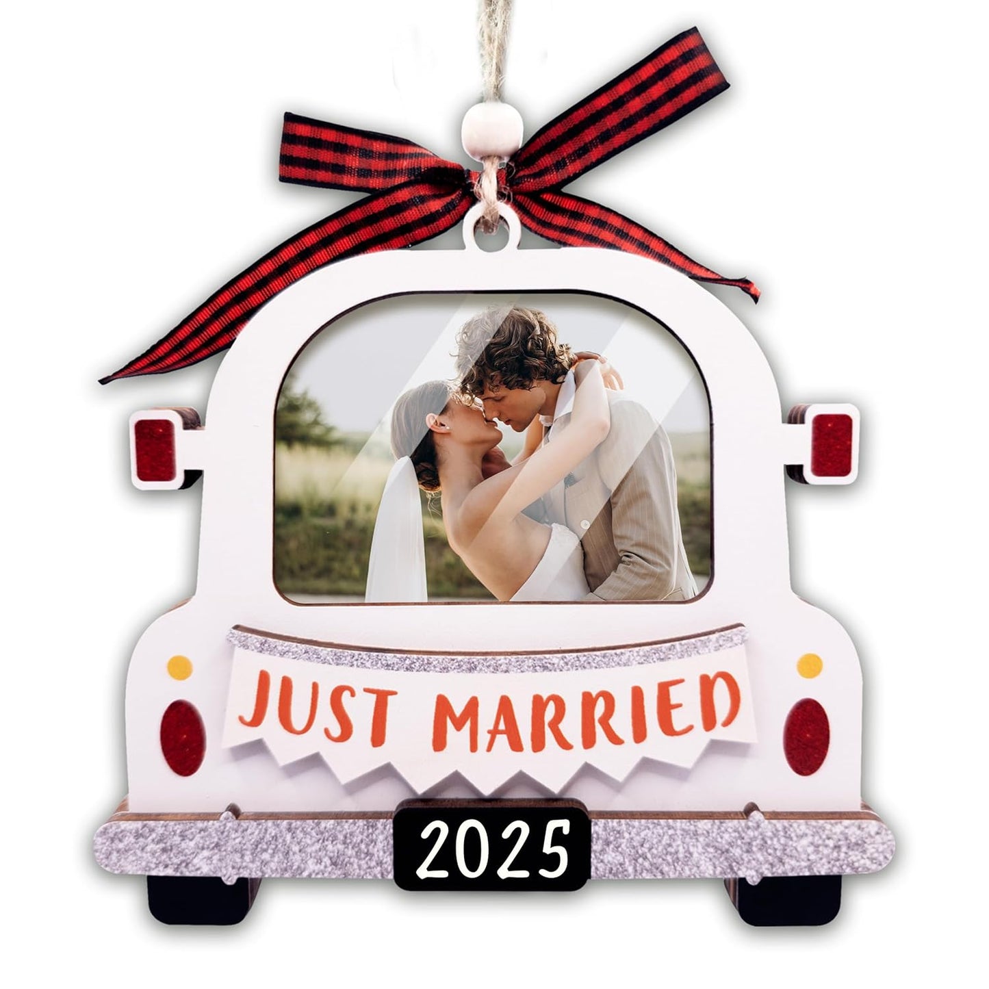 Just Married Ornament 2025 Picture Frame, Large Size With Plastic Cover - Wedding Christmas Ornament 2025 - Mr And Mrs Wedding Gifts For Newlywed Couple - Wedding Shower Gifts, Bridal Shower Gift