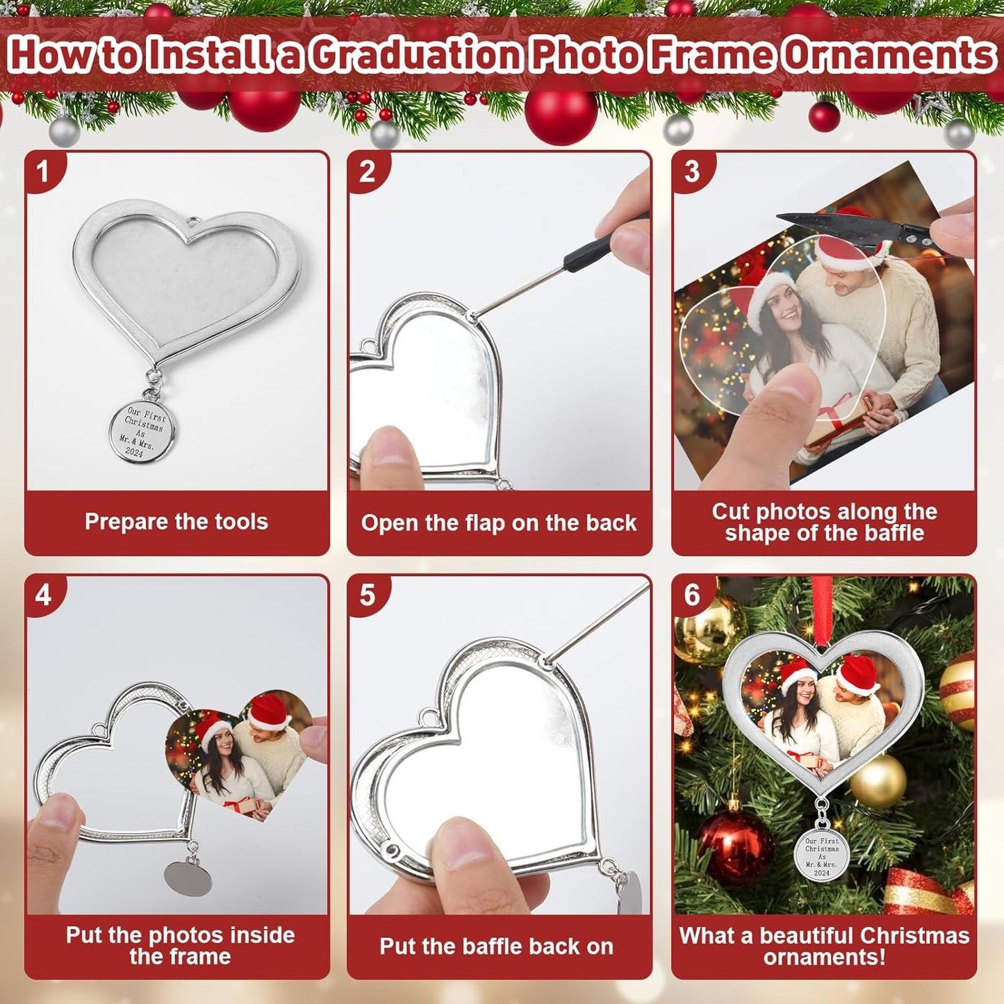 Metal Our First Christmas as Mr. and Mrs. 2024 Picture Frame Ornaments for Tree Stocking Decorations, Personalized Xmas Married Photo Frame Ornament Keepsake, Christmas Wife Husband Gifts Ideas