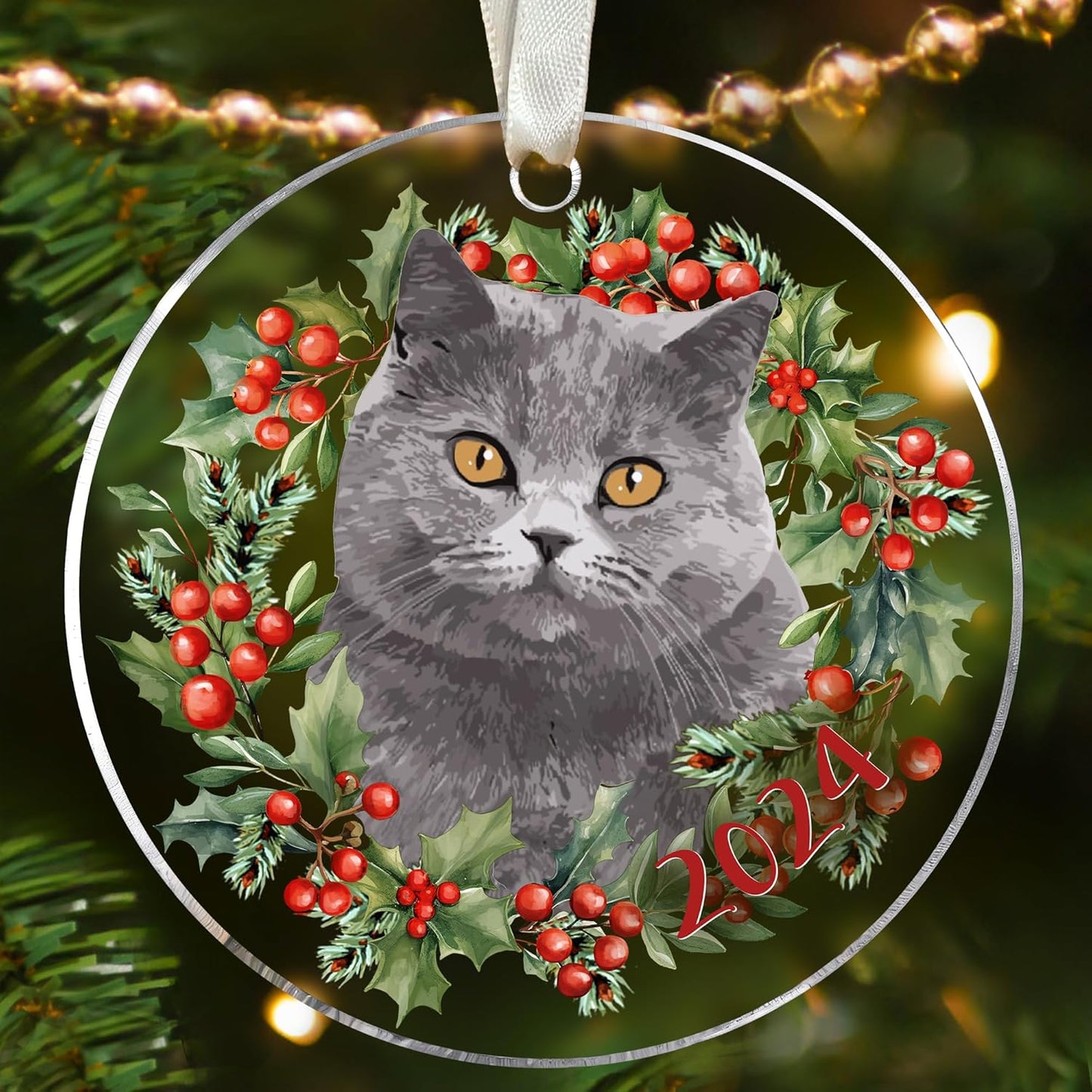 Grey Cat Christmas Ornament - Cat Lover Gifts for Women, Men - Kitten Xmas Tree Ornaments for 2024 - Acrylic Decoration