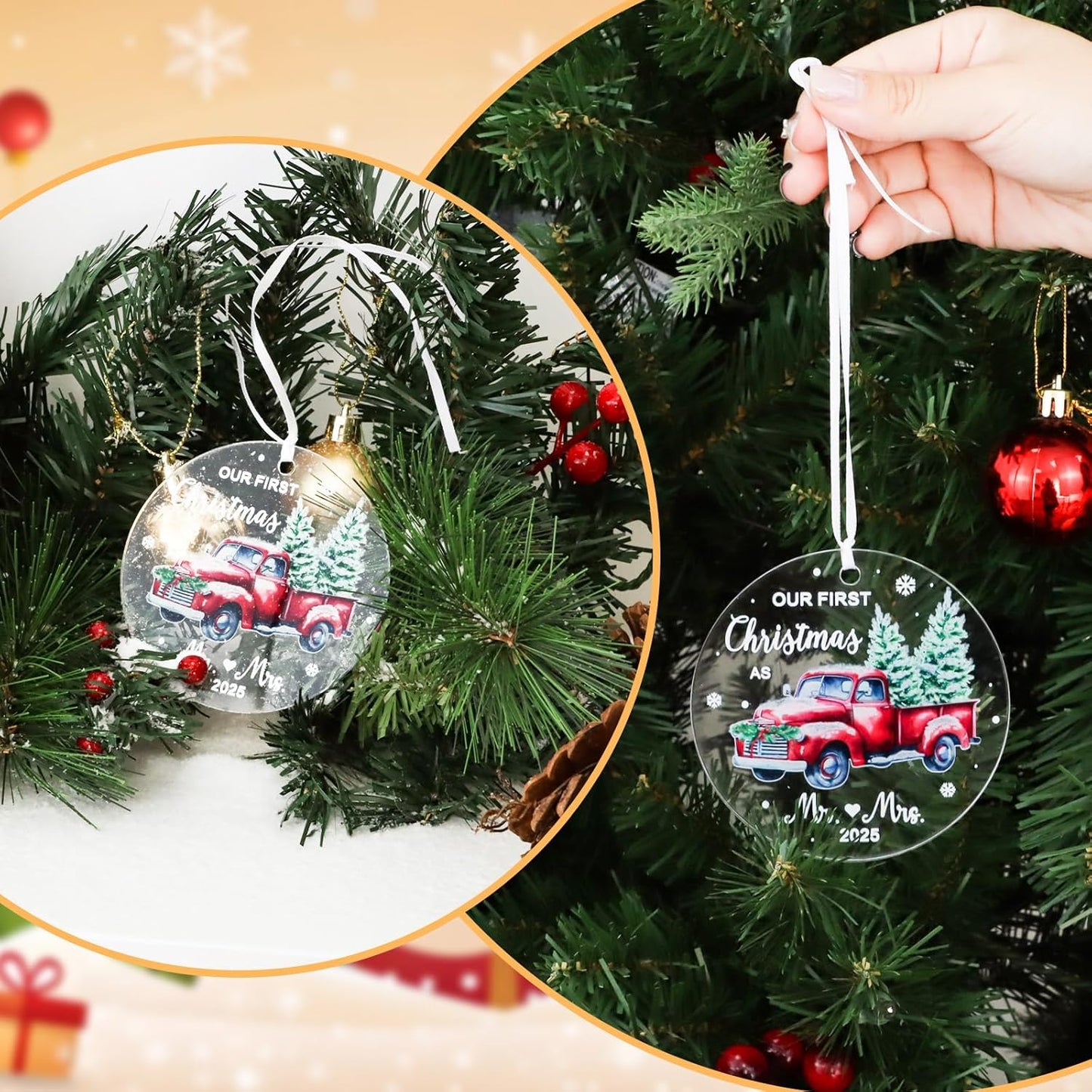 First Christmas Married Ornament 2025 - Wedding Gifts for Newlyweds - Just Married & Bridal Gifts - Mr & Mrs Acrylic Ornaments