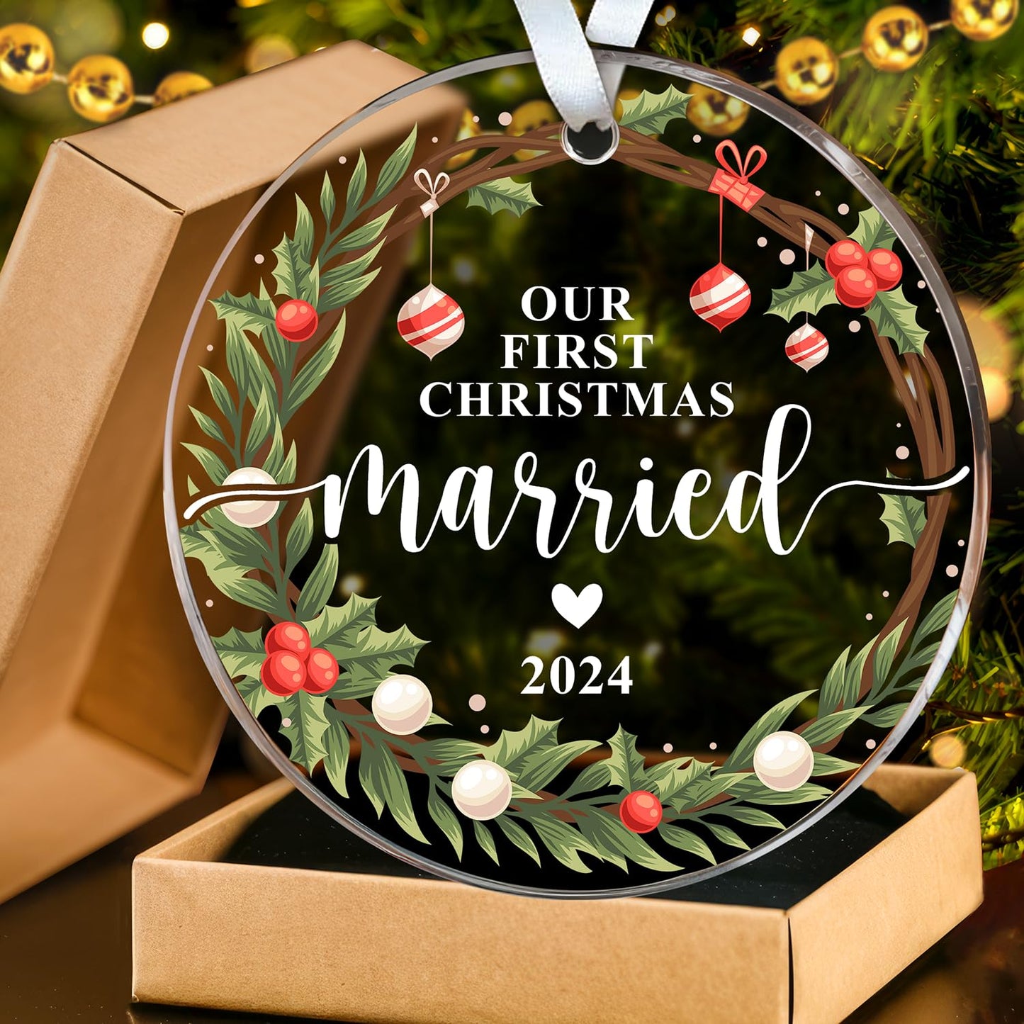 HEXMOZ First Christmas Married Ornament 2024 - Just Married, Mr & Mrs Gifts for Newlyweds - Bridal Shower Wedding Gifts for Bride - Acrylic Wedding Ornament 2024