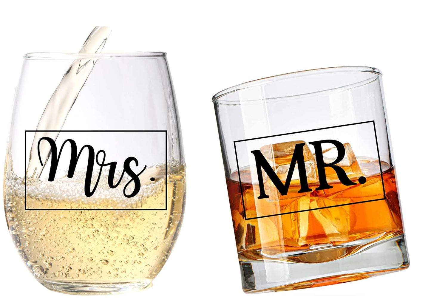 COOL AF Mr and Mrs Whiskey and Wine Glass Gift Set - Wedding & Engagement Gift for Couples and Newlyweds - Husband and Wife