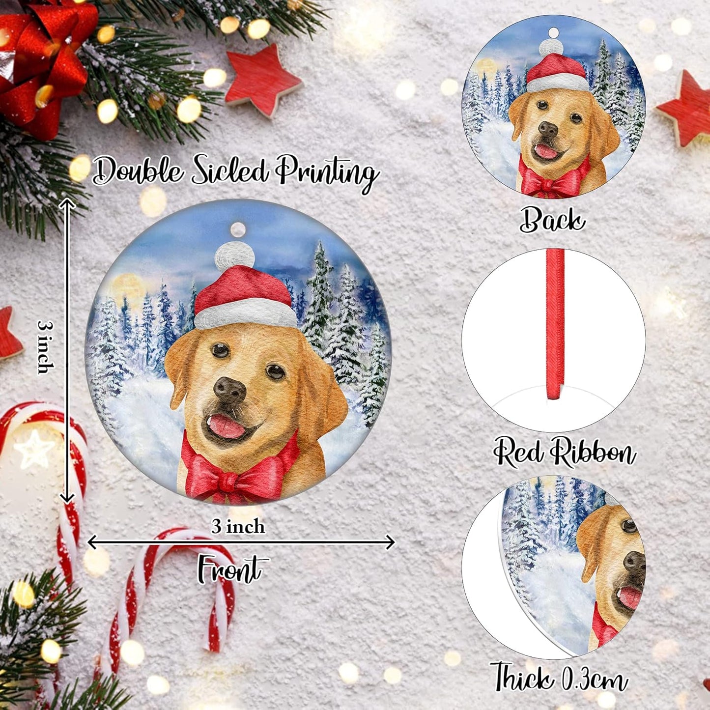 Labrador Retriever Christmas Ornament Dog Ornament for Christmas Tree Decoration Snowflake Winter Xmas Ornament Ceramic Hanging Ornament to Dog Mom Dad Lab Dog Christmas Ornament