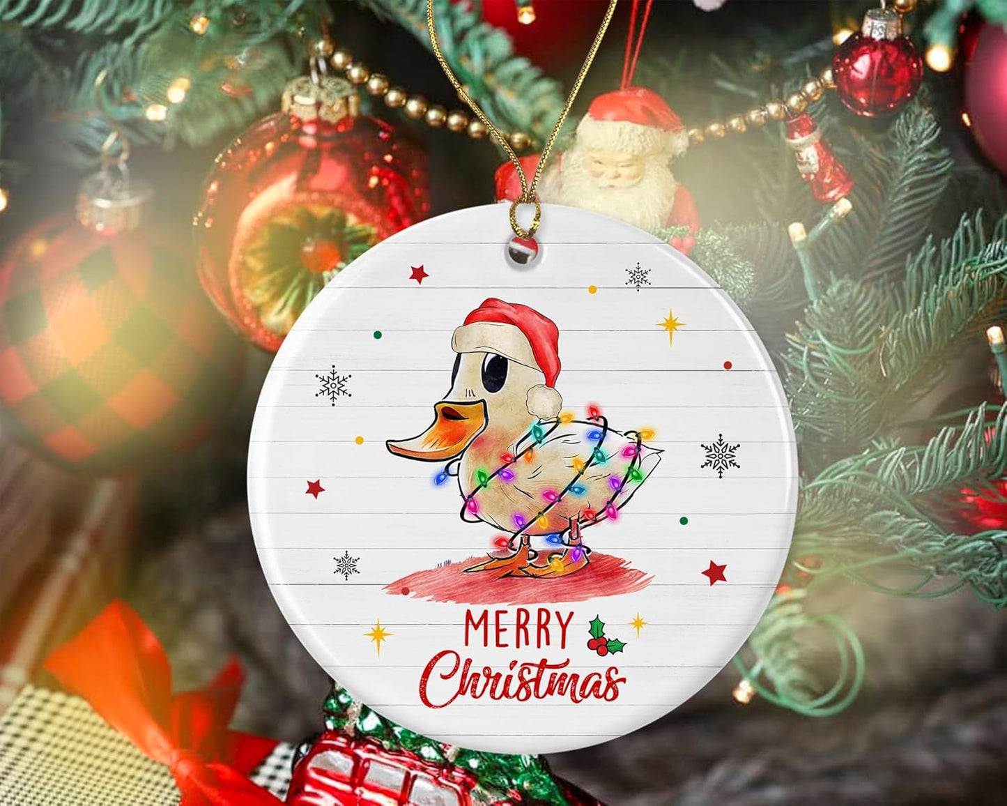 Merry Christmas Duck Ornament, 2023 Christmas Ornament, Duck Christmas Light Ornament, Kids Christmas Ornament, Animal Christmas Ornament Printed on Both Sides