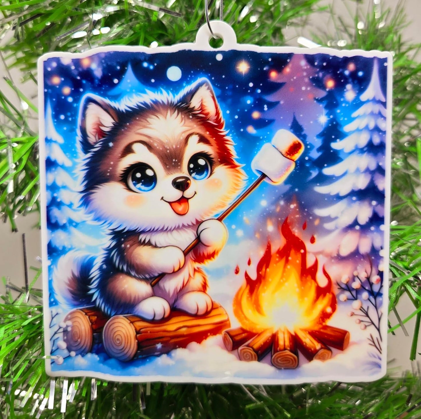 Camping Ornament - Husky Campfire Roasting Marshmallow Ornament