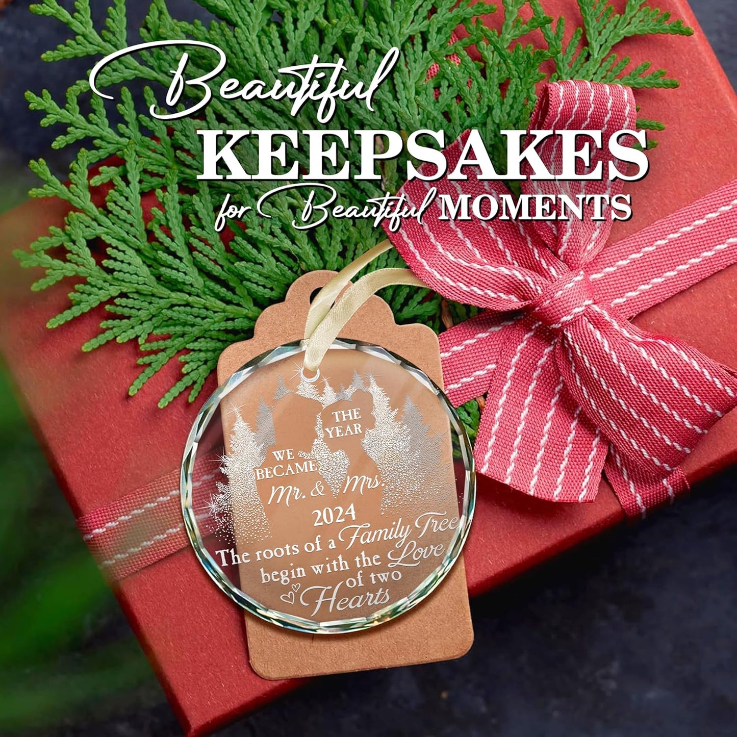 WANDER PRINTS Don't Worry, It's Gift Box Ready - Wedding Gift for Couples - 2024 First Christmas Married Glass Ornament for Couple, Bride - Bridal Shower Gift for Newlyweds - Mr & Mrs Keepsake