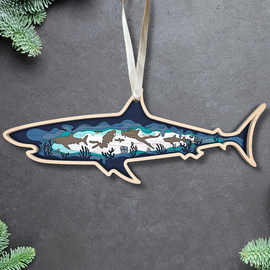Shark Christmas Ornament - Shark Ornament - Shark Ornaments for Christmas Tree - Shark Gifts, Shark Gifts for Women, Men - Shark Themed Gifts, Gifts for Shark Lovers - Wood Ornament