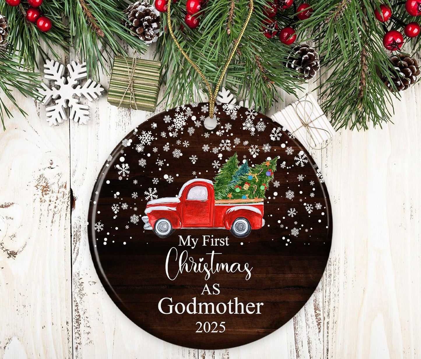 My First Christmas As Godmother Ornament 2021- New Godmother Ornament 2021 - Godmother Ornament - Ornament Gifts for Godmother - Ceramic Round Decoration Ornament Both Sides White