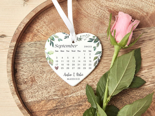 Our First Christmas Married Ornament 2025, Personalized 1st Christmas Married Ceramic Ornament (Wedding Date)